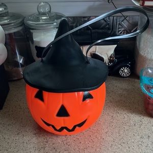 Vintage Empire Halloween pumpkin wearing witch hat blow mold candy bucket
